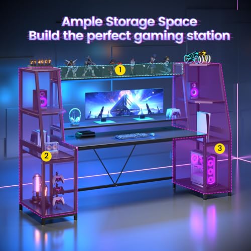Gaming Desk with LED Lights, Hutch and Storage Shelves, Black R364