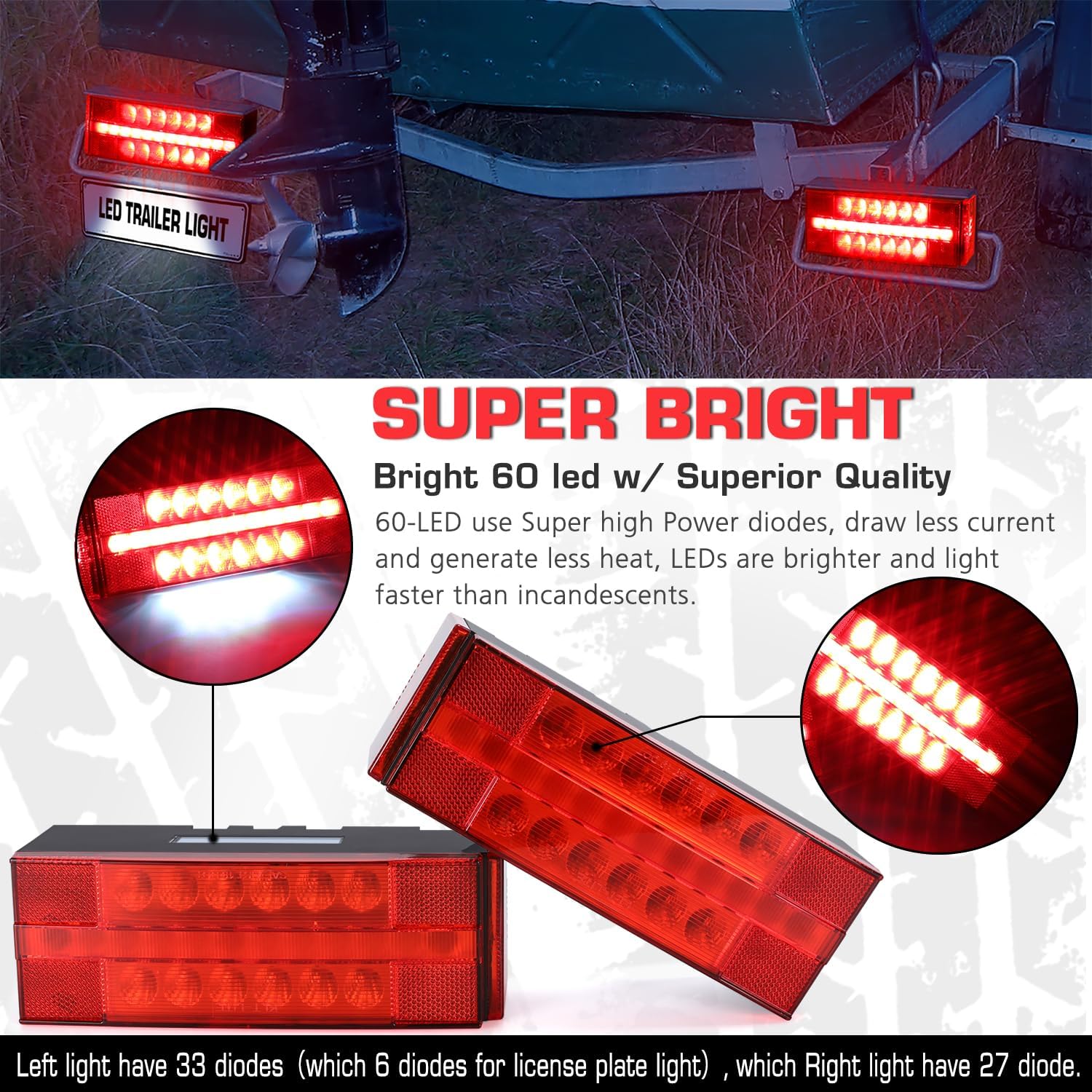 LED Submersible Rectangular Trailer Tail Light Kit, Brake Turn Reverse Side Marker M2841
