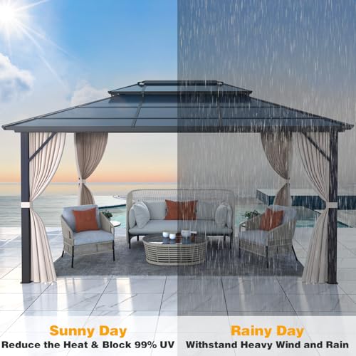 10'x13' Hardtop Gazebo with Polycarbonate Double Roof, Aluminum Frame, Curtains and Netting N263