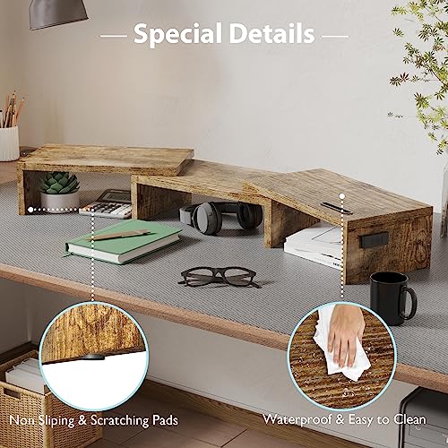 Dual Monitor Stand Riser with Smartphone Holder, Adjustable Wooden Desktop Organizer P70793