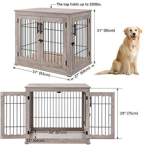 Wooden Dog Crate End Table with Double Doors and Pet Bed T245171