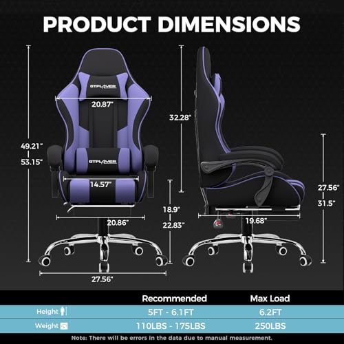 Gaming Chair with Footrest and Lumbar Support, Height Adjustable, 360° Swivel, Blue U7447