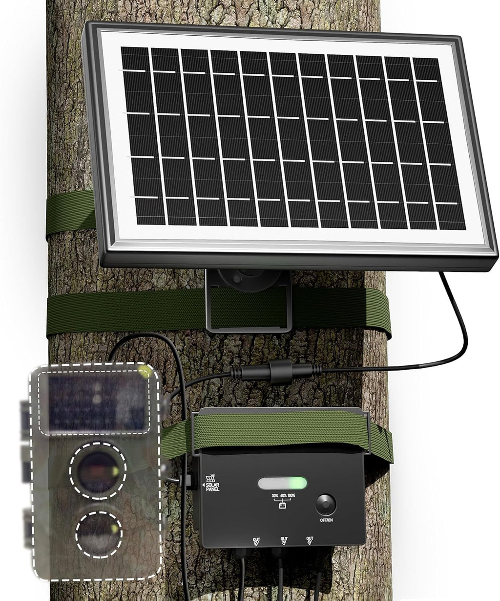 Solar Panel for Trail Camera, Solar Battery Charger with Controller and Built-in 7500mA Battery, DC 6V/9V/12V Output, for Trail Camera with 5.5×2.1mm or 4.0×1.7mm Ports, (6W Solar Panel)