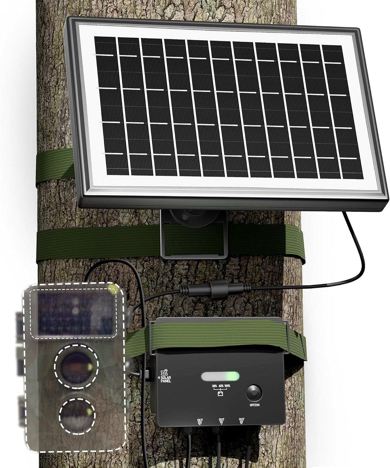 Solar Panel for Trail Camera, Solar Battery Charger with Controller and Built-in 7500mA Battery, DC 6V/9V/12V Output, for Trail Camera with 5.5×2.1mm or 4.0×1.7mm Ports, (6W Solar Panel)
