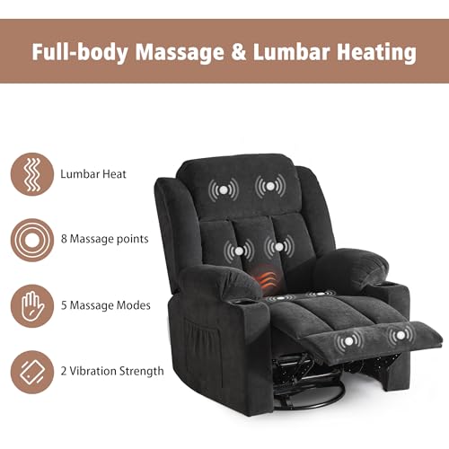 Swivel Recliner Chair for Adults with Massage and Heat, Fabric, Lime Gray B7507