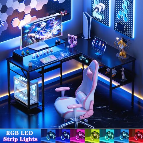 Reversible L Shaped Desk with Power Outlets and LED Light, Corner Computer Desk with Monitor Stand and Storage Shelves, Black D613