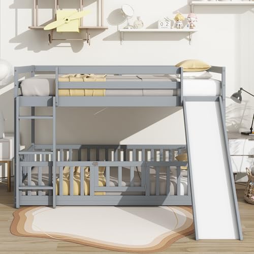 Twin Over Full Bunk Bed with Slide and Storage Stairs C57577