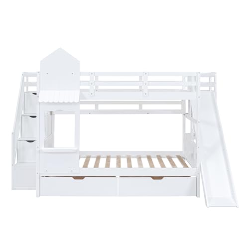 Twin Over Twin Bunk Bed with Stairs and Slide, Solid Wood Frame with Storage Y2445
