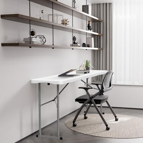 6 FT Narrow Folding Table, HDPE Tabletop with Metal Frame, White K503