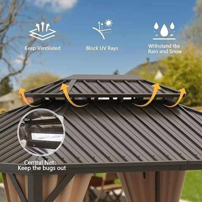 10 x 10 ft Hardtop Gazebo with Netting and Curtains, Galvanized Steel Roof for Patio and Garden X50618