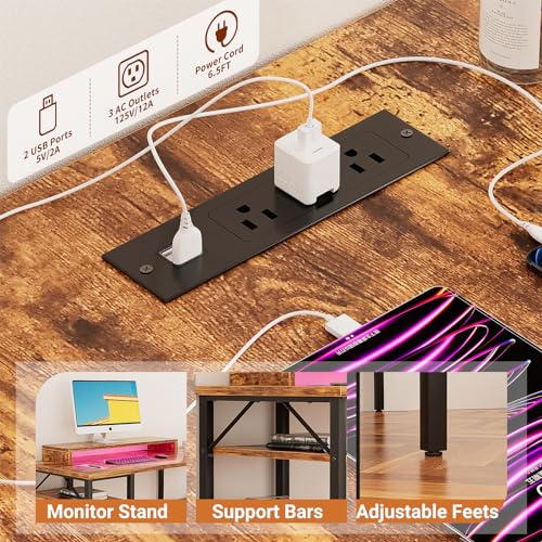 Reversible L Shaped Desk with Power Outlets and LED Light, Corner Computer Desk with Monitor Stand and Storage Shelves, Black D613