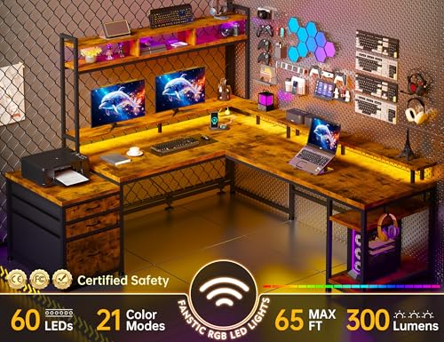 L Shaped Gaming Desk with Storage Shelves and LED Light U926701