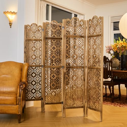 Wood Carved Room Divider 4 Panel Folding Screen Z937290
