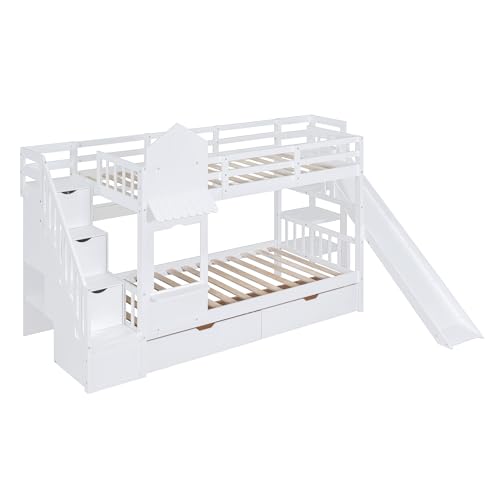 Kids Bunk Bed with Stairs and Slide, Twin Over Twin, Gray E77813