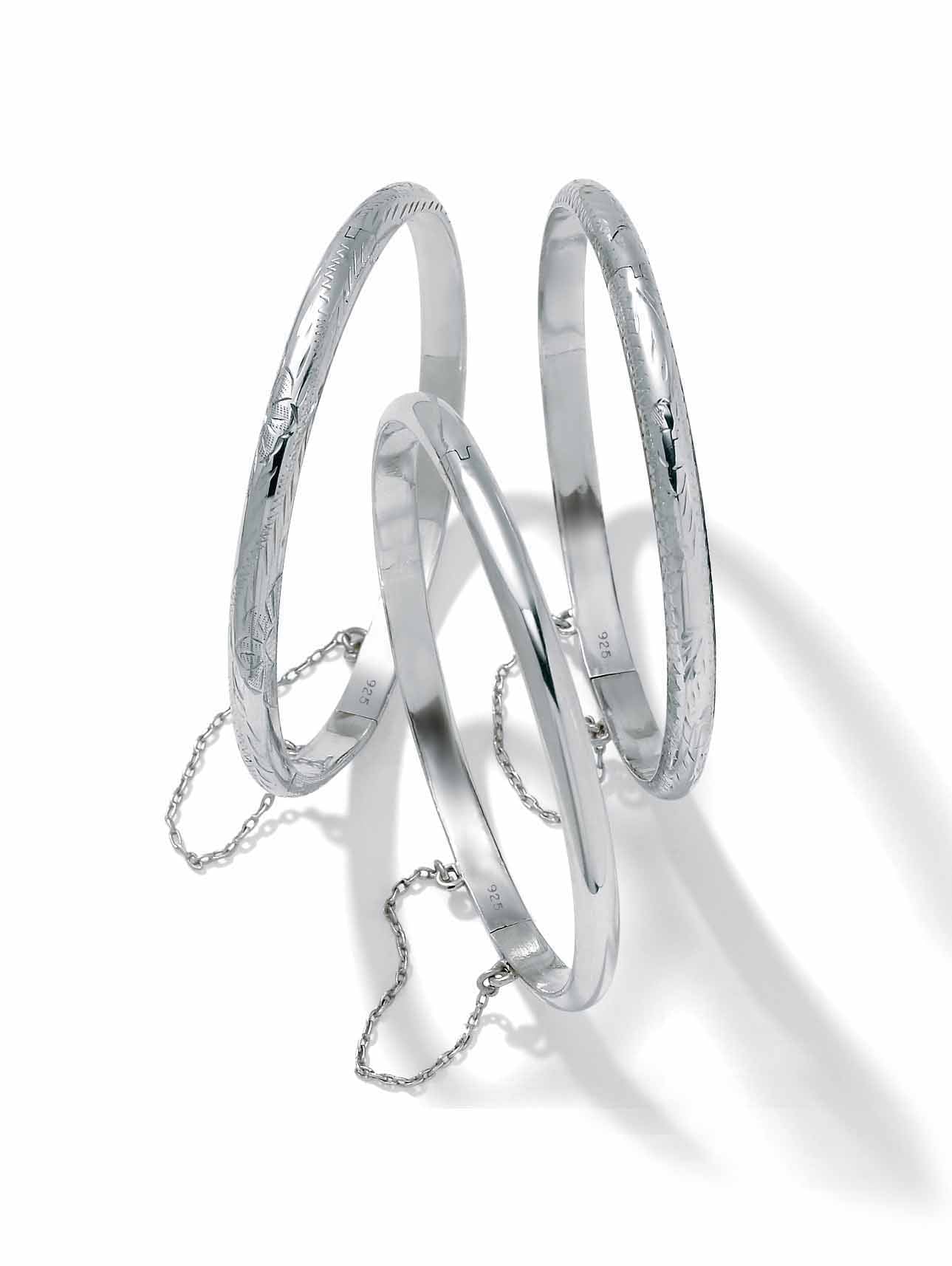 Polished Floral Three-Piece Bangle Set in Yellow Gold-Plated or Sterling Silver F229