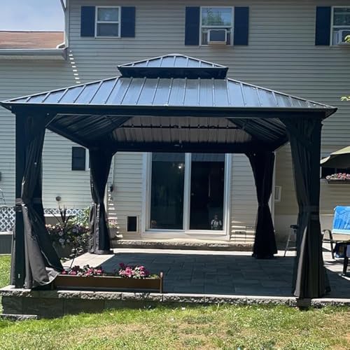 10 x 10 ft Hardtop Gazebo with Netting and Curtains, Galvanized Steel Roof for Patio and Garden X50618