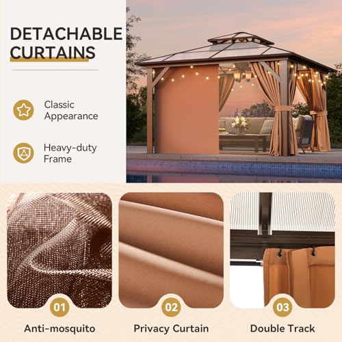 12x16 Hardtop Gazebo with Netting and Curtains, Aluminum Frame, Polycarbonate Roof N71921