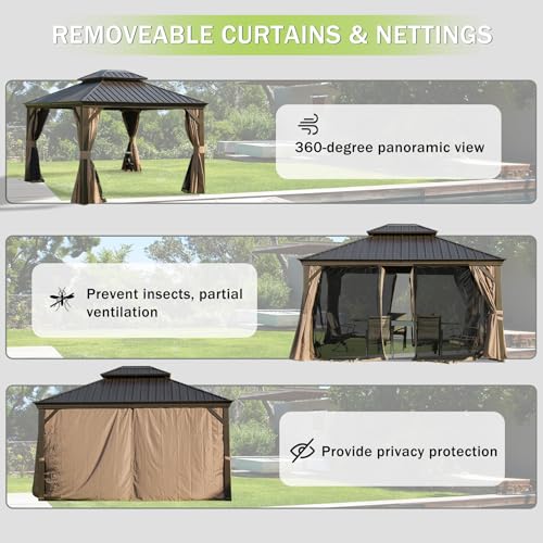 10 x 10 ft Hardtop Gazebo with Netting and Curtains, Galvanized Steel Roof for Patio and Garden X50618