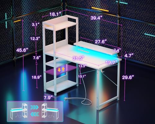 Reversible Gaming Desk with USB Charging Port and LED Lights, 40 Inch Computer Desk with Storage Shelves C134