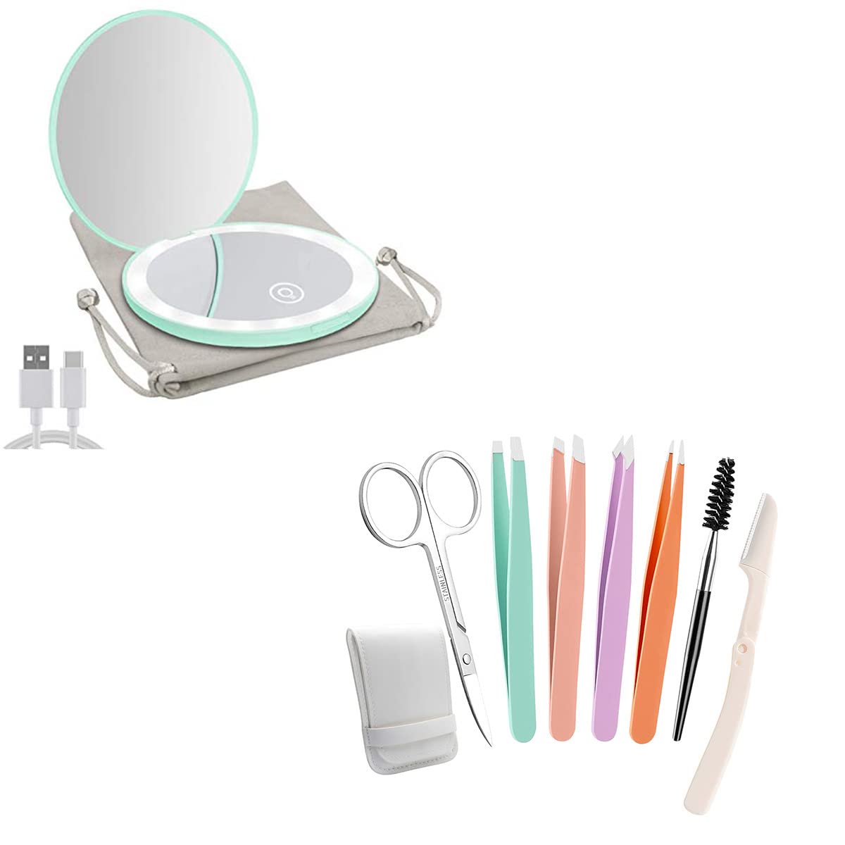 Compact Mirror with LED Light,1x/10x Magnifying Rechargeable Mirror,Dimmable Travel Mirror for Purse+Eyebrow Tweezer Set Professional Stainless Steel Tweezers for Women & Men