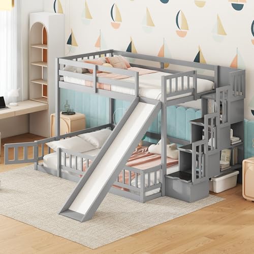 Twin Over Full Bunk Bed with Slide and Storage Stairs C57577