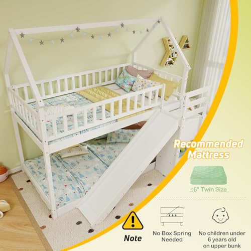 Twin Over Twin Bunk Bed with Slide and Stairs, Wood, White F9999