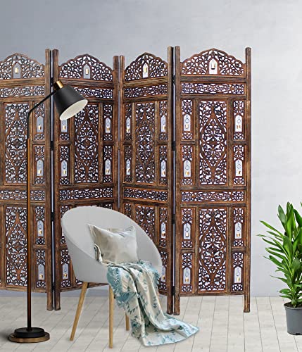 4 Panel Folding Wood Room Divider, Antique Brown, 72 x 80 L396608