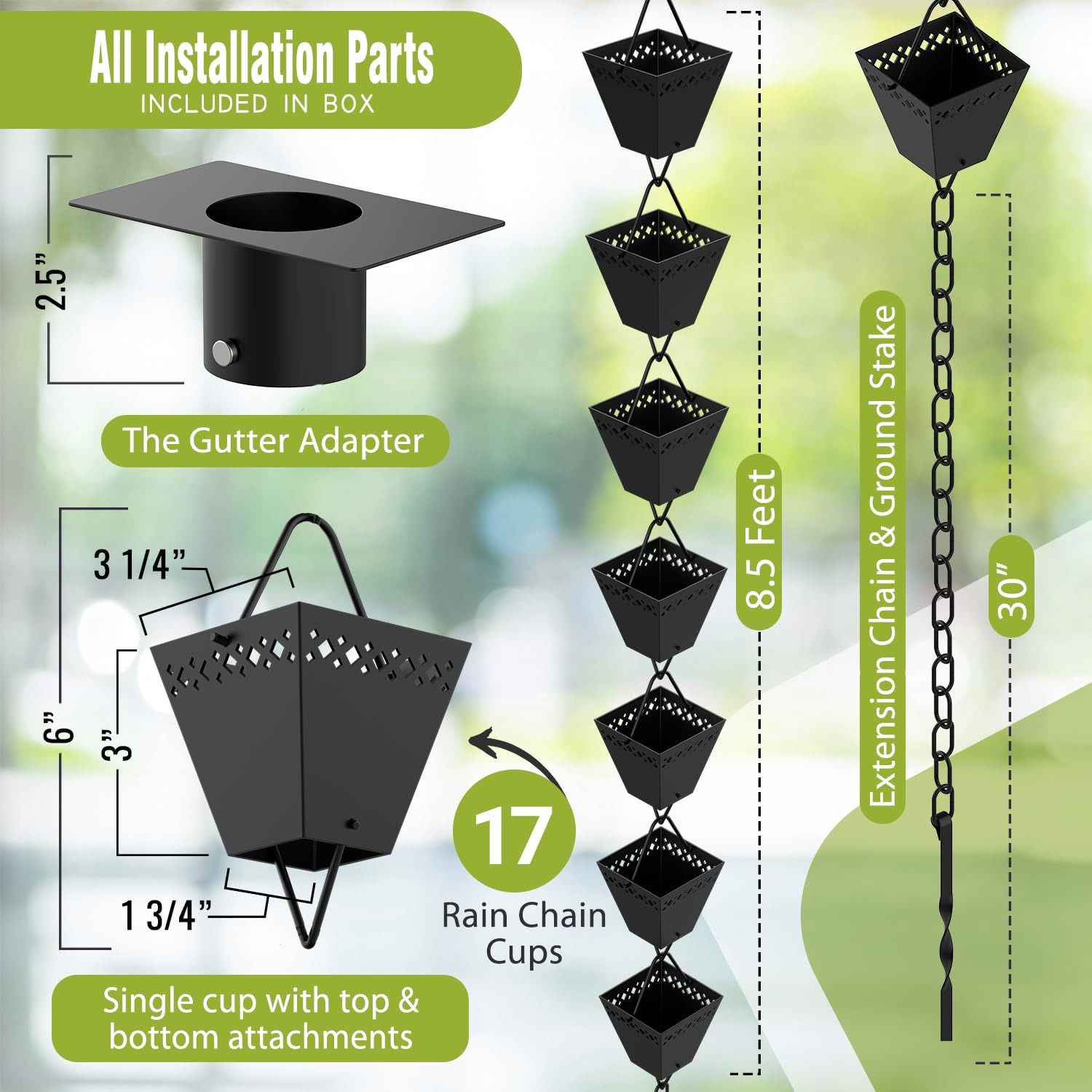 Rain Chain Kit with Adapter and Extension, 10 ft, Black Powder Coated U7933