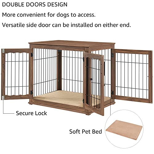 Wooden Dog Crate End Table with Double Doors and Pet Bed T245171