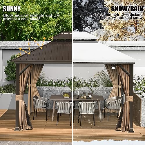 10 x 10 ft Hardtop Gazebo with Netting and Curtains, Galvanized Steel Roof for Patio and Garden X50618