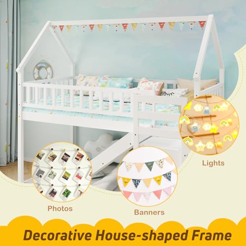 Twin Over Twin Bunk Bed with Slide and Stairs, Wood, White F9999