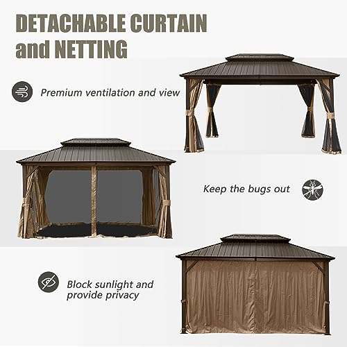 10 x 10 ft Hardtop Gazebo with Netting and Curtains, Galvanized Steel Roof for Patio and Garden X50618