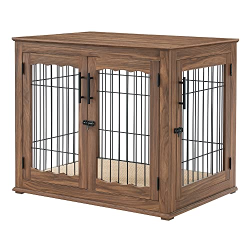 Wooden Dog Crate End Table with Double Doors and Pet Bed T245171