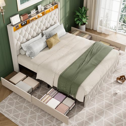 Queen Bed Frame with Tall Headboard, Velvet Upholstered, 4 Storage Drawers U913671