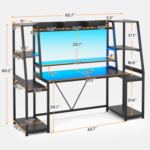 Gaming Desk with LED Lights, Hutch and Storage Shelves, Black R364