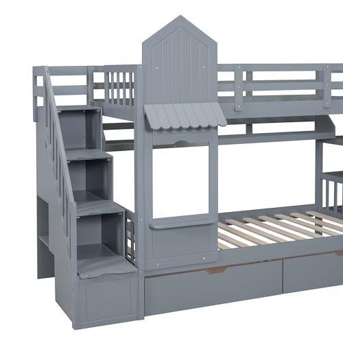 Kids Bunk Bed with Stairs and Slide, Twin Over Twin, Gray E77813