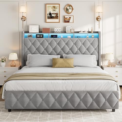 Queen Bed Frame with Tall Headboard, Velvet Upholstered, 4 Storage Drawers U913671