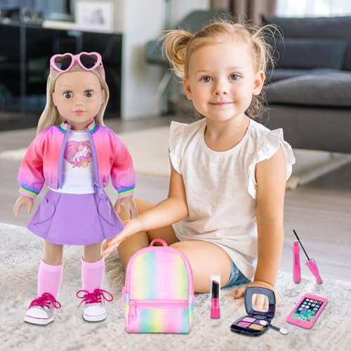 18 Inch Doll Clothes and Makeup Accessories Set with Rainbow Backpack W61542
