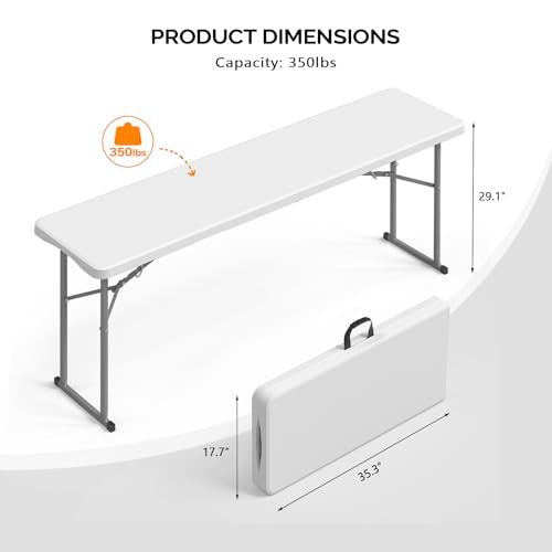 6 FT Narrow Folding Table, HDPE Tabletop with Metal Frame, White K503