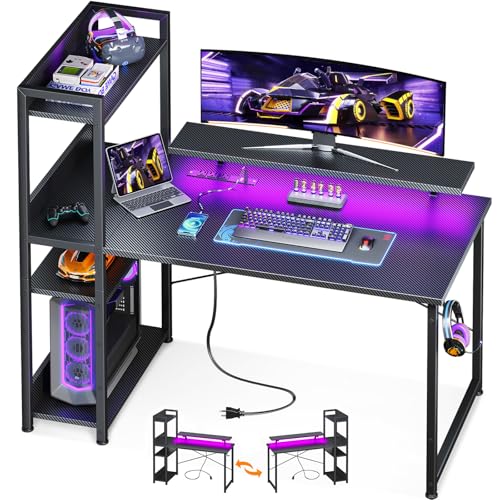 Reversible Gaming Desk with USB Charging Port and LED Lights, 40 Inch Computer Desk with Storage Shelves C134