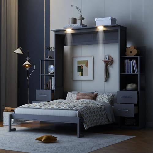 Queen Size Murphy Bed with Cabinet and LED Lights P178570