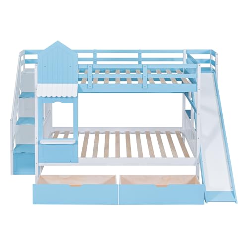 Kids Bunk Bed with Stairs and Slide, Twin Over Twin, Gray E77813