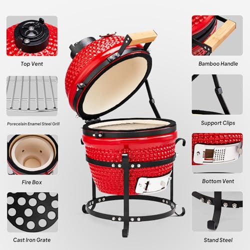 Red Spherical Ceramic Charcoal Grill, Portable BBQ Smoker for Outdoor Cooking U407