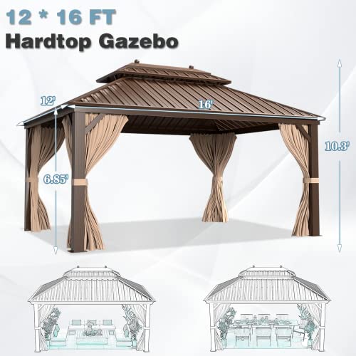 12x16 ft Hardtop Gazebo with Galvanized Steel Roof, Curtains and Netting V821