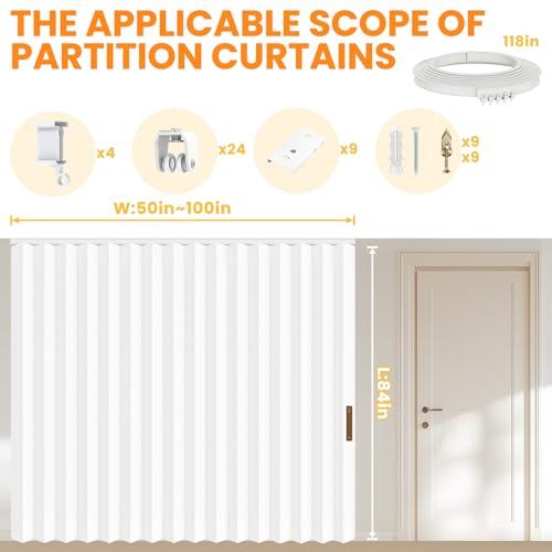 Accordion Room Divider Curtains with Ceiling Track, Grey, W100 x L84 J296
