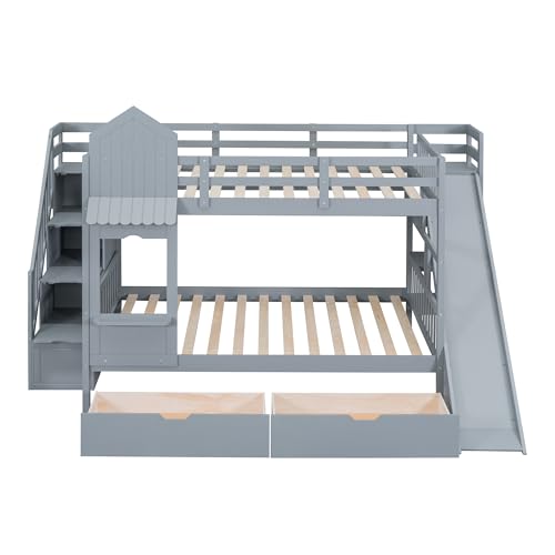 Twin Over Twin Bunk Bed with Stairs and Slide, Solid Wood Frame with Storage Y2445