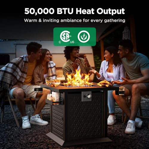 28" Fire Pit Table, Propane with Cup Holders & Hanging Shelf, 50,000 BTU, Glass Stones & Dust Cover T91414
