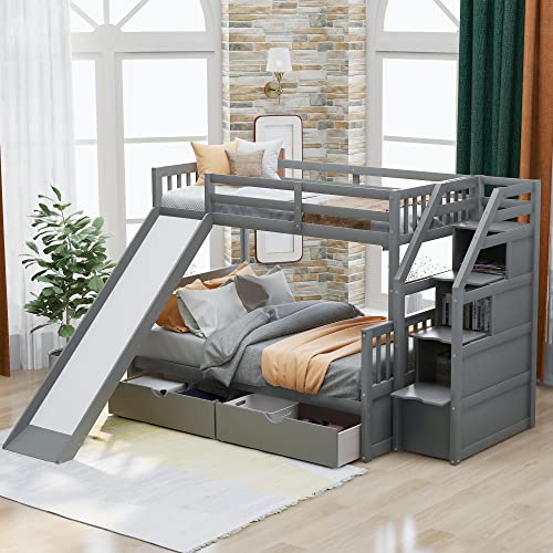 Twin Over Full Bunk Bed with Slide and Stairs for Kids E212