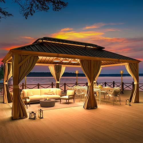 12x16 ft Hardtop Gazebo with Galvanized Steel Roof, Curtains and Netting V821