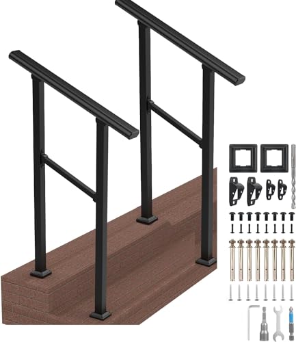 Outdoor Stair Railing, Handrails for Outdoor Steps, Handrail Fits 2 to 3 Steps Metal Handrail Stair Rail with Installation Kit Hand Rails for Outdoor Steps 36" (2-3 Steps)